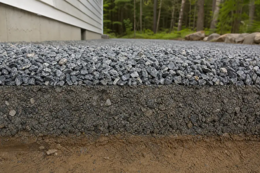 Cross-section diagram photo of driveway layers showing compacted road base under 3/4 inch crushed stone