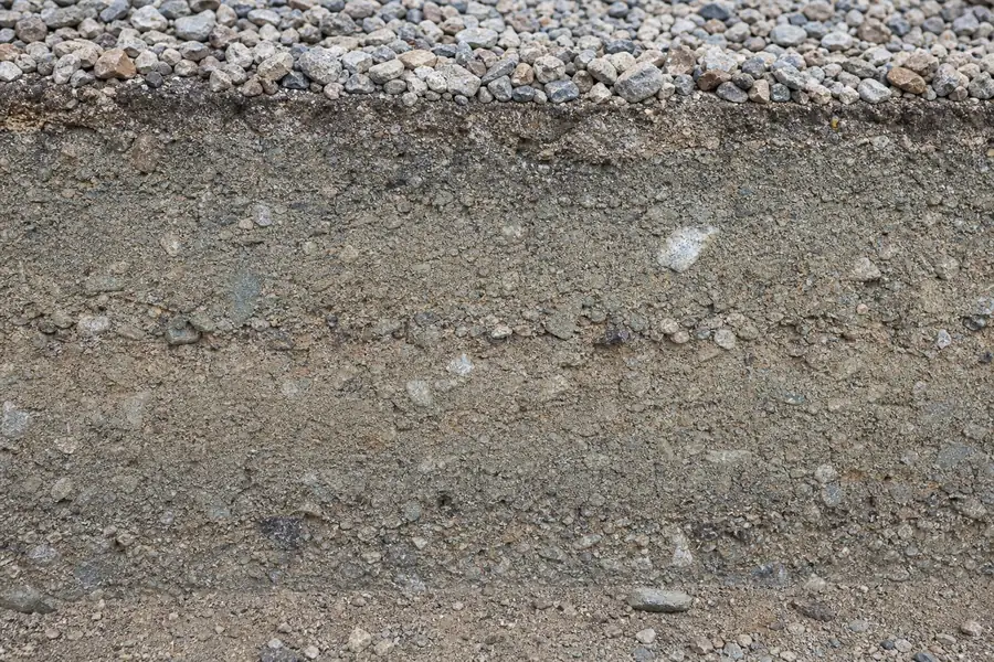 Close view of compacted class 6 road base layer beneath a Colorado gravel driveway