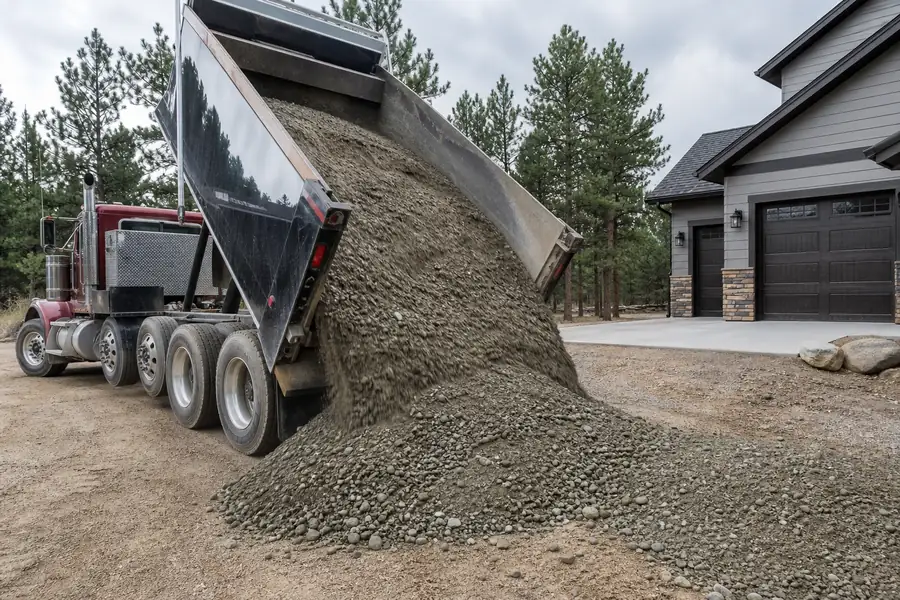 Dump truck delivering class 6 road base to a residential driveway project in Colorado