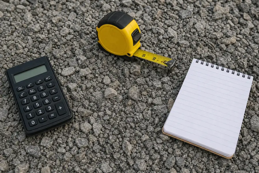 Calculator, tape measure and notepad on a pile of gray gravel