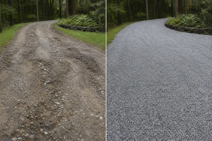 Before and after of a rutted gravel driveway repaired with new crushed stone