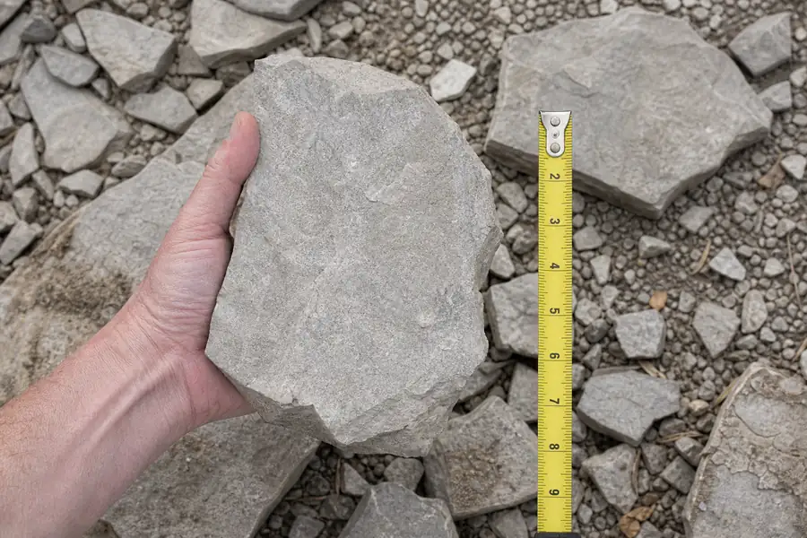 Hand holding #57 stone against a tape measure