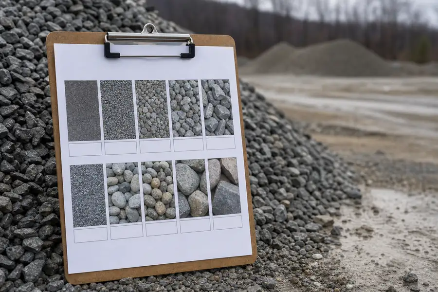 Printed gravel size chart on a clipboard at a job site
