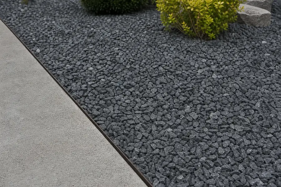 Clean, deep crushed gravel bed with steel edging and no weeds