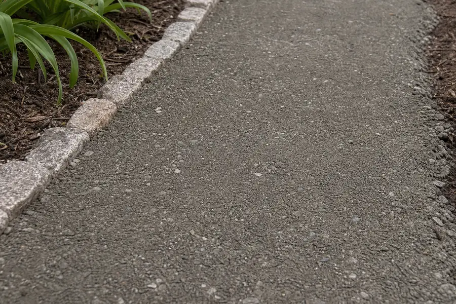 Close view of crusher fines pathway material spread and compacted along a border garden