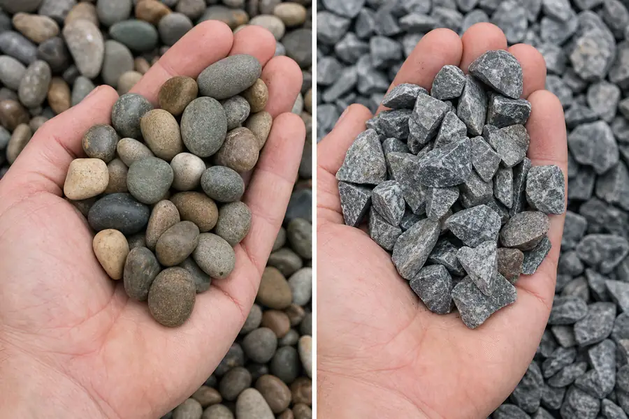 Split image comparing smooth pea gravel and sharp crushed stone in two hands